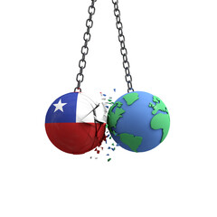 Chile flag ball hits planet earth. Environmental impact concept. 3D Render