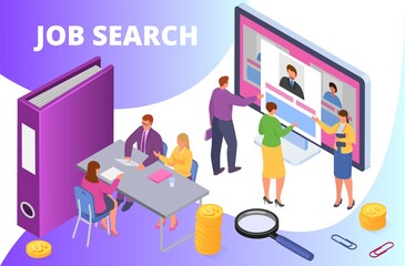 Search job, isometric vector illustration. Employment work, man woman character look at online candidate resume at computer screen.