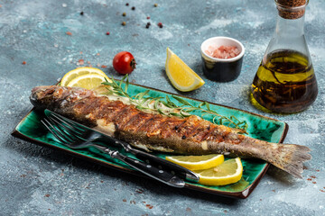 Grilled trout. Healthy eating concept. banner, menu, recipe place for text, top view