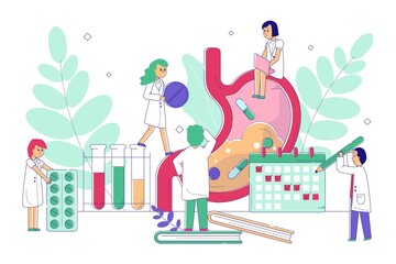 Stomach treatment concept, vector illustration. Line doctor character help sick patient organ, gastroenterology disease. Man woman research