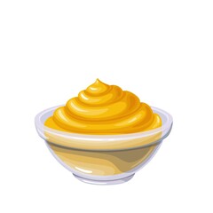 Mustard sauce in bowl. Colored illustration in cartoon style.