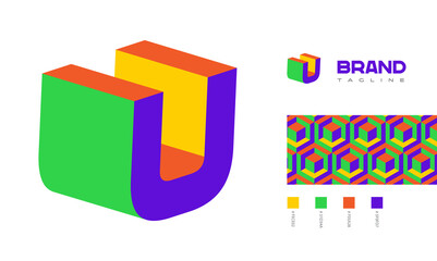 3D letter U Logo corner view with pattern and colour code swatches for branding designs with colors red, green, blue, yellow