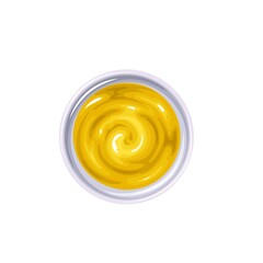 Mustard sauce in bowl. Colored illustration of mustard top view.