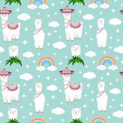 Seamless pattern with funny llamas in sombrero, clouds, stars and rainbows on a blue background. Vector illustration for baby texture, textile, fabric, poster, postcard, decor. Alpaca from Peru. © Irina Anashkevich