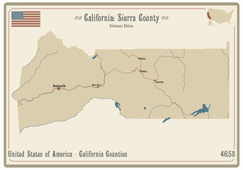 Map on an old playing card of Sierra county in California, USA.