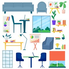 Office furniture set, vector illustration. Table design, armchair, modern desk for work room interior, isolated on white. Sofa, lamp