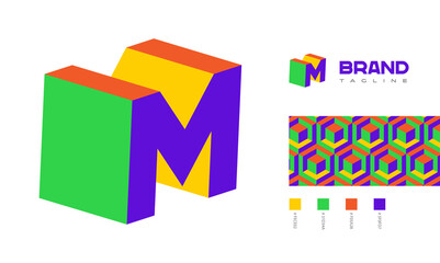 3D letter M Logo corner view with pattern and colour code swatches for branding designs with colors red, green, blue, yellow