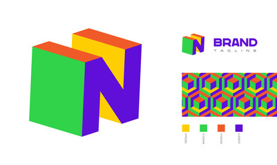 3D letter N Logo corner view with pattern and colour code swatches for branding designs with colors red, green, blue, yellow