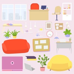 Furniture set for cozy office, vector illustration. Modern room interior by chair, sofa, desk and lamp object, collection. Books, videoplayer, plant