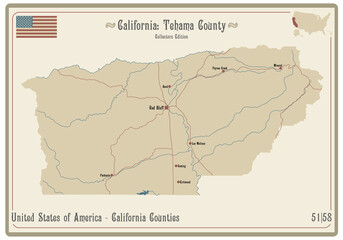 Obraz premium Map on an old playing card of Tehama county in California, USA.