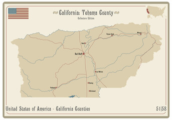 Map on an old playing card of Tehama county in California, USA.