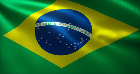 Brazil Flag, Brazilian Flag with waving folds, close up view, 3D rendering