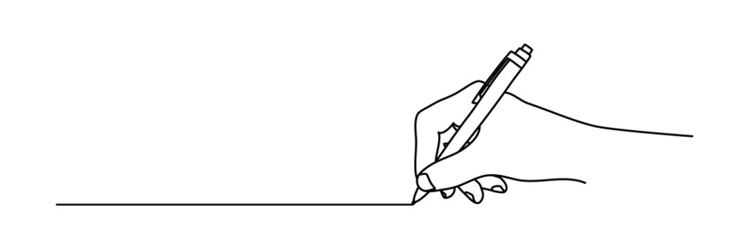 Hand holding ball pen and drawing a line, isolated on white background