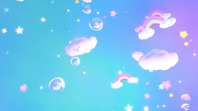 Looped 3d cartoon rainbow clouds, bubbles, and stars in the sky animation.