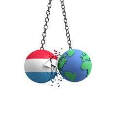 Luxembourg flag ball hits planet earth. Environmental impact concept. 3D Render