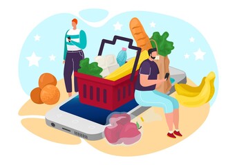 Food from online grocery, vector illustration. Internet shop for man character sitting at smartphone screen, order service from store.