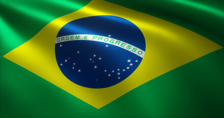 Brazil Flag, Brazilian Flag with waving folds, close up view, 3D rendering