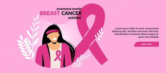 Breast Cancer awareness banner illustration. Faceless woman with pink ribbon. Pink october month female healthcare campaign solidarity web template design. Pinktober flat vector cartoon illustration
