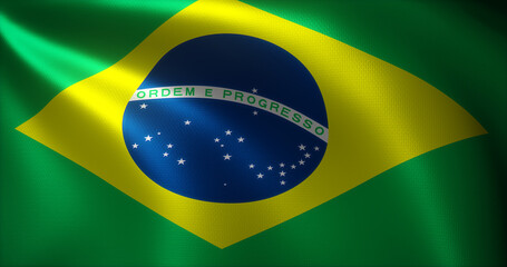 Brazil Flag, Brazilian Flag with waving folds, close up view, 3D rendering