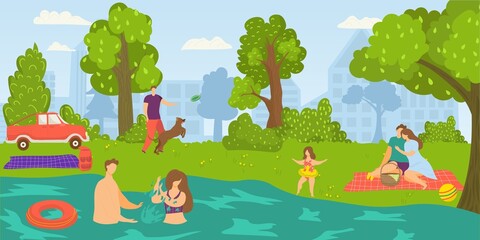 Park for people outdoor activity, vector illustration. Flat man woman character have picnic at nature, couple swim in summer river water.