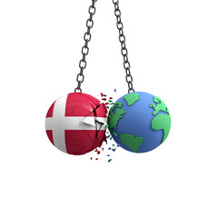 Denmark flag ball hits planet earth. Environmental impact concept. 3D Render