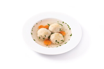 Traditional Jewish matzah ball soup isolated on white background