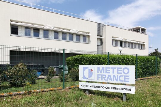 Bron, France - May 16, 2020: Interregional meteorological center  and building of meteo France in Bron near Lyon. Meteo France is the French national meteorological service