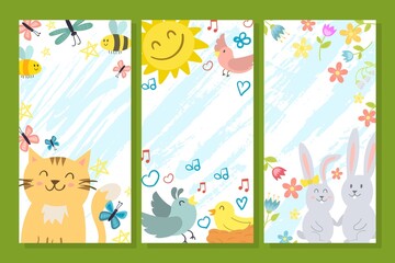 Spring cute card set, vector illustration. Poster flyer collection with animal, happy banner for children. Smile cat, sun, birds, rabbit