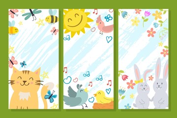 Obraz premium Spring cute card set, vector illustration. Poster flyer collection with animal, happy banner for children. Smile cat, sun, birds, rabbit