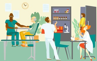 Medical visit doctor, vector illustration. Healthcare consultation by doctor character, patient at hospital office. Man woman physician