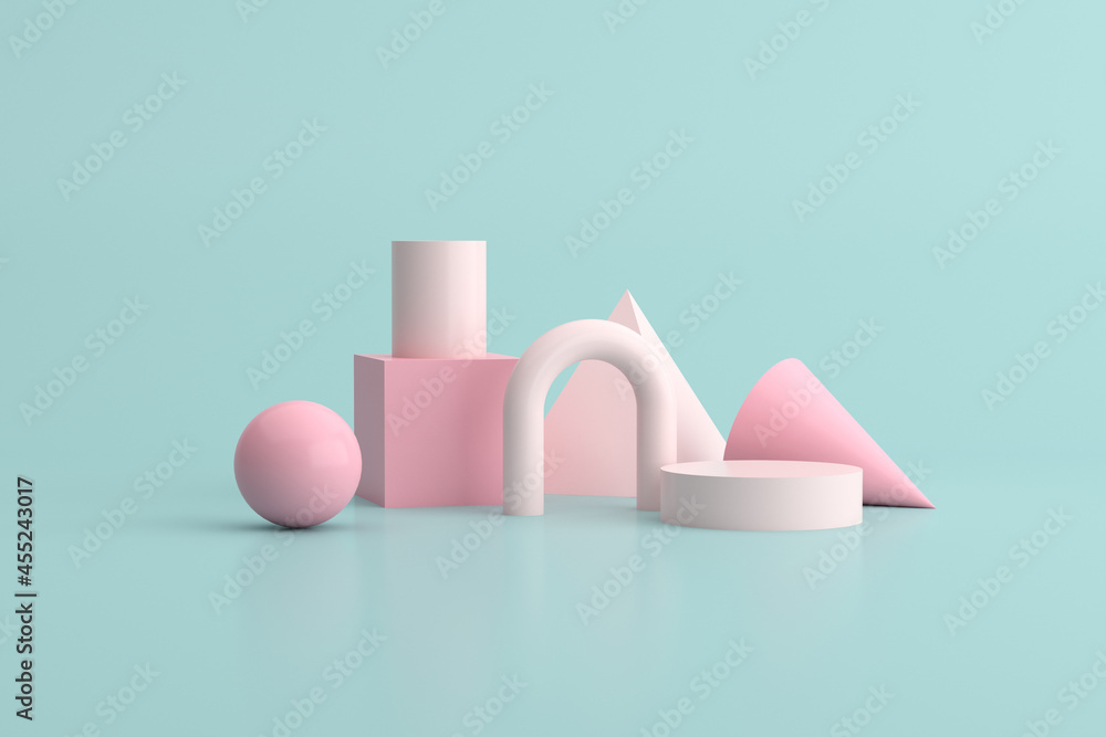 Poster 3d rendering of geometry object on green background, Minimal concept.