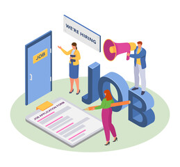 Job recruit, isometric human employment, vector illustration. Business man woman character hire employee, person sign application form.