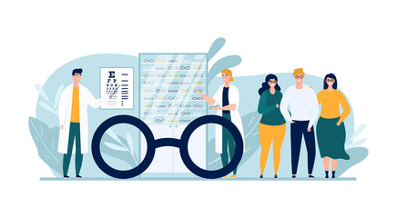 Optic store with glasses, vector illustration. Man woman people character at eye examination, buying eyeglasses in ophthalmology shop.