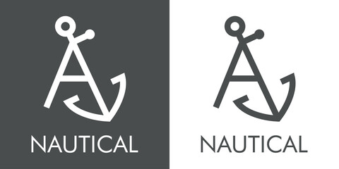 Logotipo con texto Nautical y silueta de ancla de barco con forma de letra inicial A con lineas en fondo gris y fondo blanco
