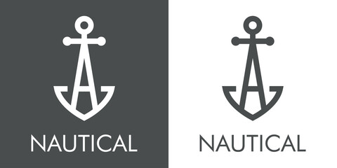 Logotipo con texto Nautical y silueta de ancla de barco con forma de letra inicial A con lineas en fondo gris y fondo blanco