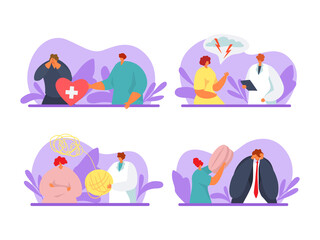 Psychological help for people, vector illustration set. Man woman character with psychology problem, doctor talk with patient, give pills.