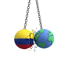 Colombia flag ball hits planet earth. Environmental impact concept. 3D Render