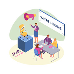 Recruit to vacant job, isometric vector illustration. Human resource for employment, business hr interview. Man woman worker character