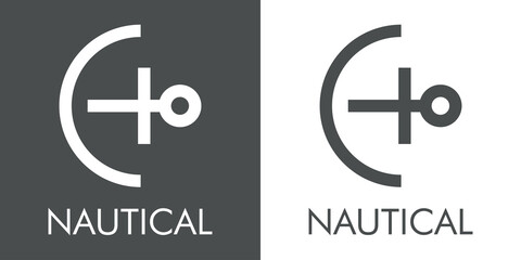 Logotipo con texto Nautical y silueta de ancla de barco con forma de letra inicial C con lineas en fondo gris y fondo blanco