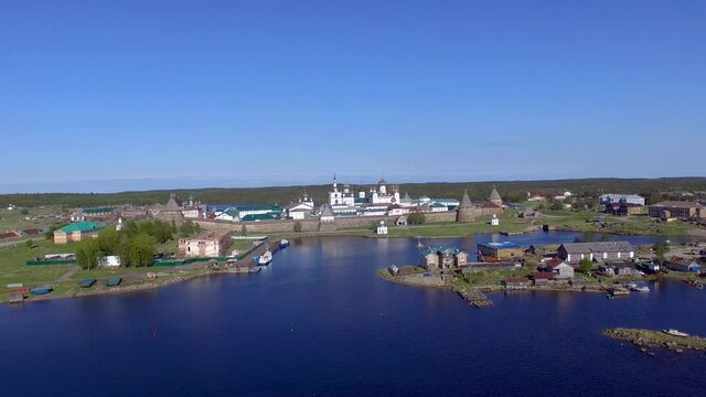Solovki kremlin Russia aerial drone panoram, old russian tower on island 4K