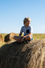 Naklejka na ściany i meble Boy sitting on haystack. Summertime in the country. Cute child on the field. Happy childhood concept.