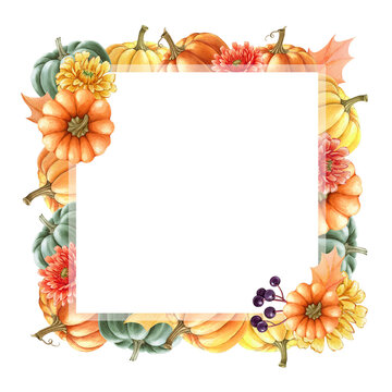 Thanksgiving pumpkin floral frame. Watercolor illustration. Hand drawn rustic festive decor with bright pumpkins, leaves, flowers. Thanksgiving harvest element. Autumn frame on white background