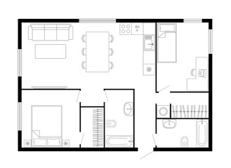Apartment floor plan. Two bedroom apartment. Vector architecture plan of condominium, flat, house. Interior design elements kitchen, bedroom, bathroom furniture. 2D 2 bedroom apartment floor plan. © Simeonn