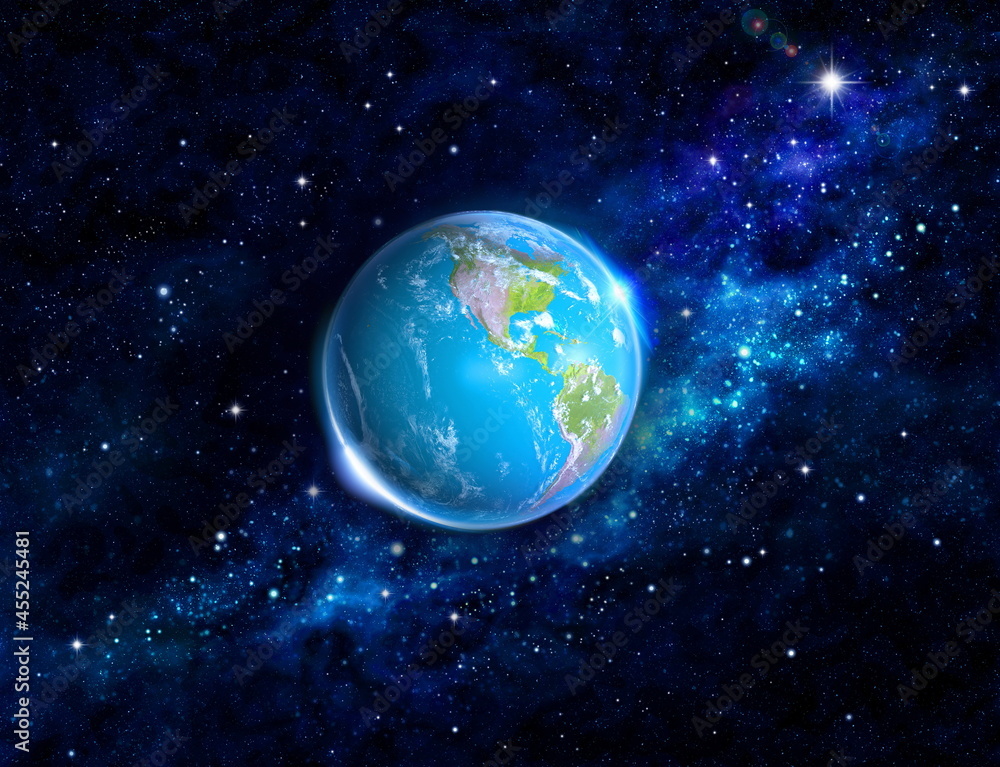 Sticker 3d rendering of view of the sun and the earth in universe field with stars, galaxy,nebula