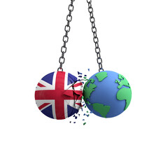 UK flag ball hits planet earth. Environmental impact concept. 3D Render