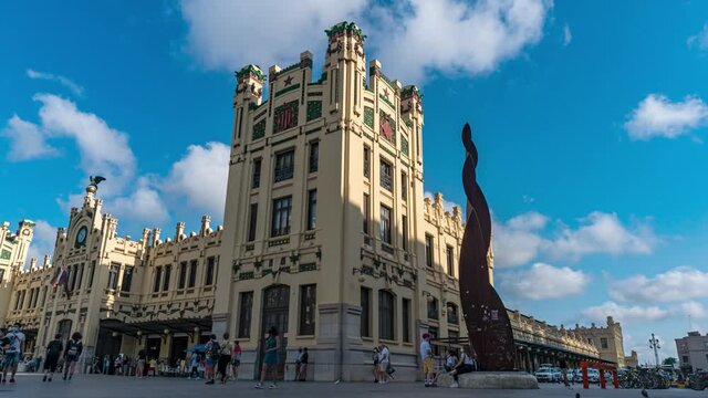 timelapse of city in Europe Spain Valencia train station, tourists and pedestrians 4K