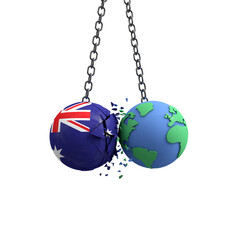 Australia flag ball hits planet earth. Environmental impact concept. 3D Render