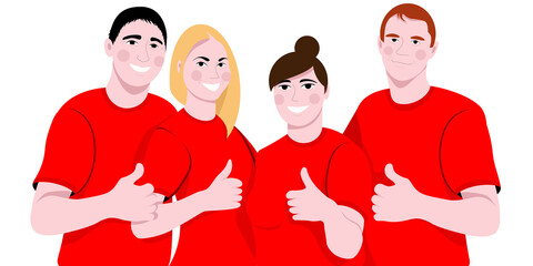 vector flat illustration of a cheerful company of friends in red