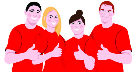 vector flat illustration of a cheerful company of friends in red