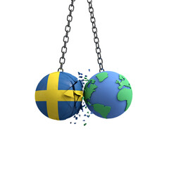 Sweden flag ball hits planet earth. Environmental impact concept. 3D Render